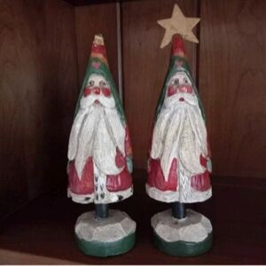 House Of Hattan 1989 Folk Art Tree Shaped Santa Claus Figurines Set Of 2